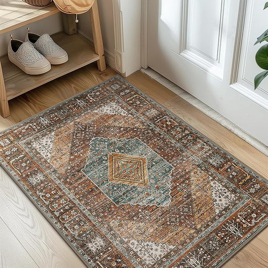 Bavni 2x3 Entryway Rug Bathroom Rugs for Front Door Bedroom Bathroom Kitchen, Washable Print Carpet, Lightweight Rug with Non Slip Backing, Vintage Brown/Blue