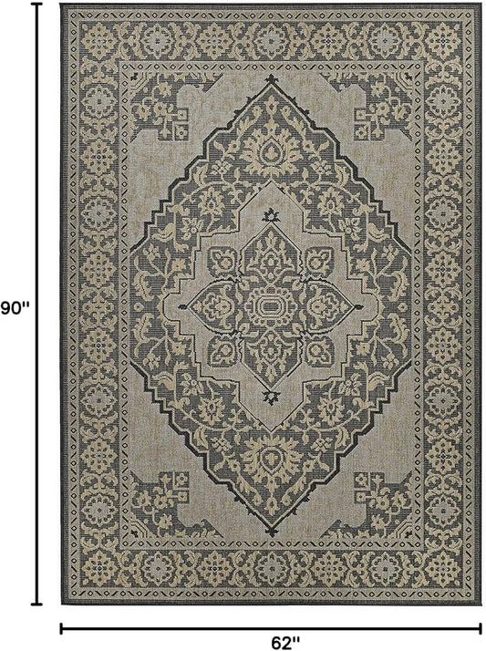 FH Home Flat Woven Outdoor Rug - Waterproof, Easy to Clean, Stain Resistant - Premium Polypropylene Yarn - Vintage - Patio, Porch, Deck, Balcony - Ankara - Charcoal - 5ft 4in x 7ft 6in