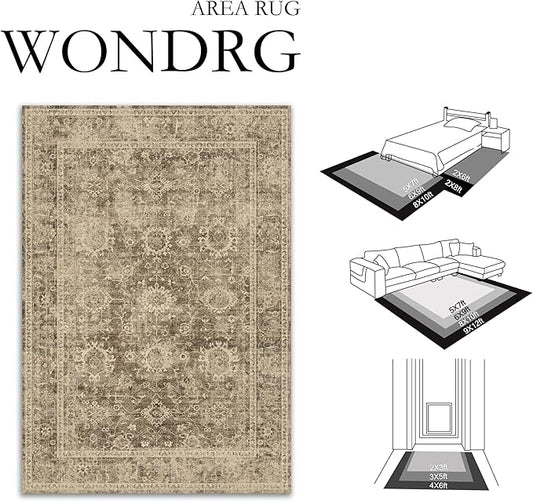 10x12 Brown Vintage Area Rug for Living Room Bedroom Large Distressed Rustic Carpet Non-Slip Low Pile Lightweight Vacuumable Soft Washable Throw Rug for Indoor Dining Room
