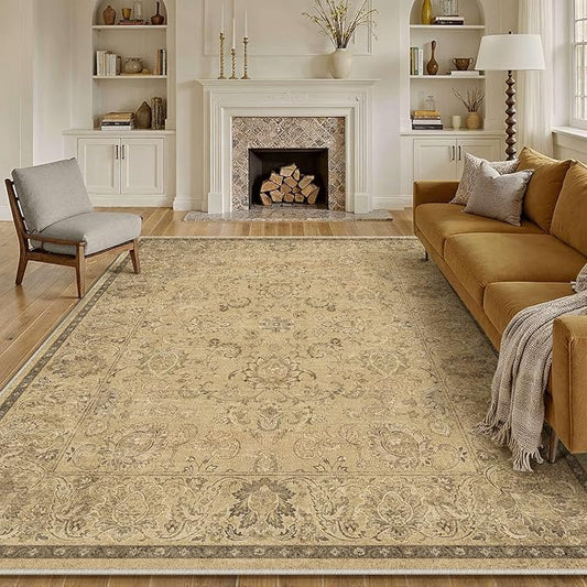 HUGEAR 6x9 Machine Washable Area Rugs Vintage Brown - Neutral Living Room Bedroom Rug Non Slip Stain Resistant Low Pile Aesthetic Throw Carpet Kids & Pet Friendly