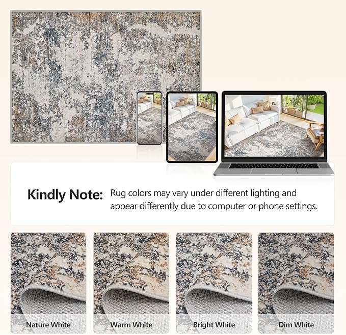 7x9 Washable Area Rugs - Modern Abstract Rugs for Living Room Non-Slip Low Pile Soft Machine Washable Carpet for Bedroom, Dining Room, Nursery, Home Office, Farmhouse (7'x9' Tan Blue)