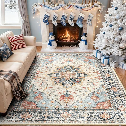 Area Rugs 5'x8' Washable Non-Slip, Floral Vintage Distress Print Pattern Medallion Carpet for Living Room Bedroom Dining Room, Beige Navy Blue Orange Colorful