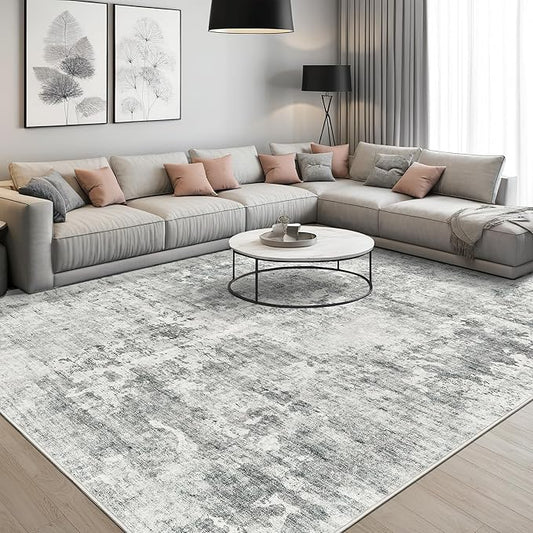 Abstract Rug 5x7 Machine Washable Area Indoor Grey White Low Pile Non-Slip Foldable Thin Accent Rugs for Bedroom Living Room Dining Room