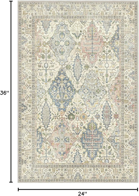 Bavni Area Rug 2X3, Small Aesthetic Entryway Rug, Non Slip Rugs for Front Door, Vintage Indoor Washable Carpet for Kitchen Bathroom, Beige Ivory
