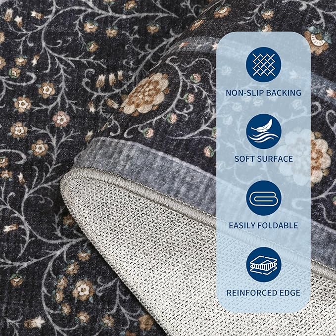 GarveeHome Boho 5x7 Area Rug for Bedroom, Floral Vintage Rugs for Living Room with Soft Low Pile, Non Slip Botanical Washable Rugs 5x7 for Dining Room Blue Carpet for Entryway Dorm Office Playroom
