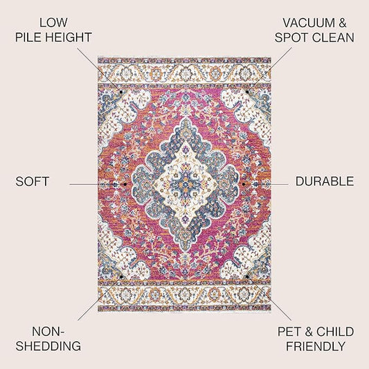 JONATHAN Y Boho Vintage Fuchsia/White Indoor Area Rug, 5x8, Bohemian Flair Medallion, Floral Easy-Cleaning High Traffic for Living Room, Bedroom, Kitchen, Pet-Friendly, Non-Shedding (BMF106C-5)