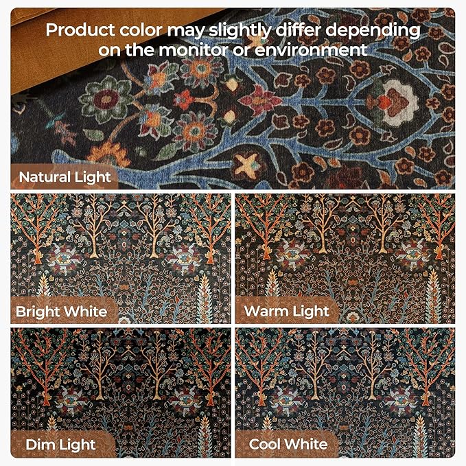 Kokia Boho Vintage Floral Area Rugs, Washable Oriental Botanical Rugs for Living Room, Bedroom, Dining Room, Office, Large Soft Indoor Area Rug, Wild Black,9x12