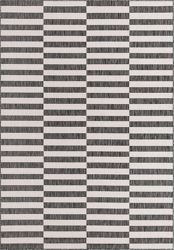 Unique Loom Outdoor Striped Collection Classic Stripes, Transitional Indoor & Outdoor Area Rug (8' 0 x 11' 0 Rectangular, Charcoal/ Ivory)
