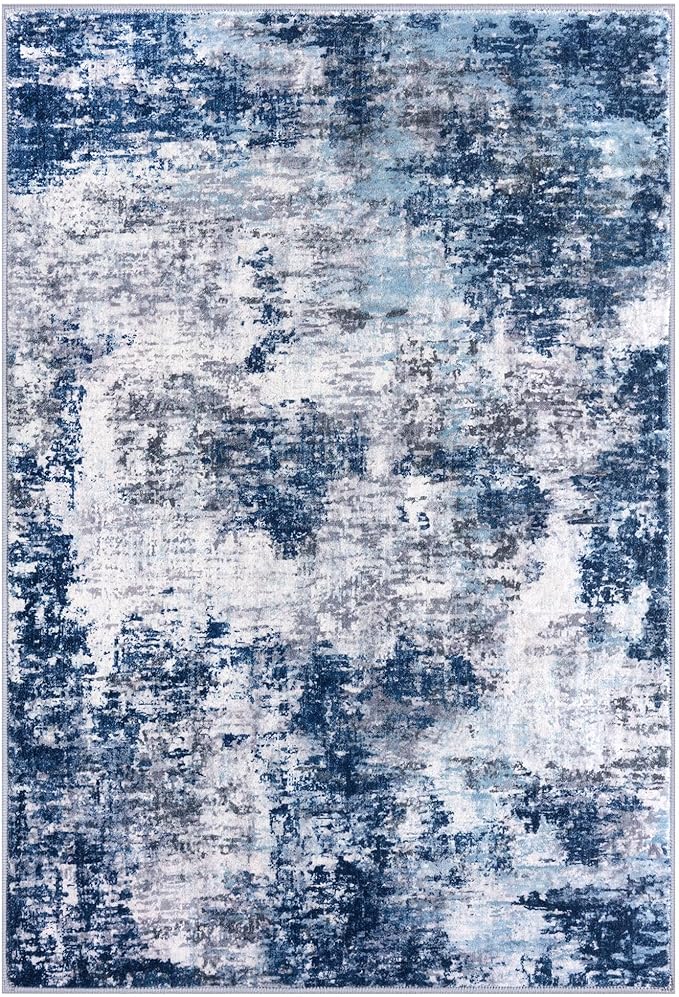 Modern Abstract Small Area Rug Indoor, Grey Navy Blue Multi 3x5 Washable Rug Non-Slip Soft Entryway Rug Kitchen Mats Thin Print Faux Wool Floor Carpet Colorful Throw Rugs for Entrance Bedroom