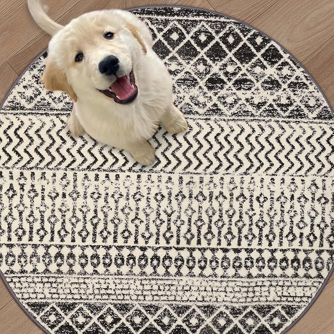 Moroccan Washable Round Area Rug, 4ft Non-Slip Distressed Black Area Rug for Bedroom, Soft Non-Shedding Circle Rug Bedside Carpet for Living Room Dining Room Bedroom
