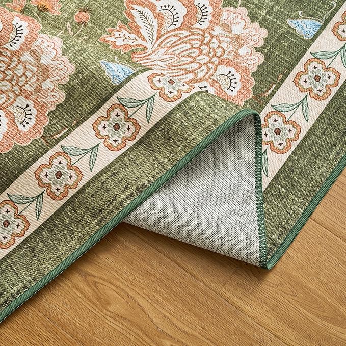 jinchan Elora Floral Corner Rug for Living Room Washable Bedroom Rug Vintage Romance Design Non Slip Quarter Circle Lightweight Low-Pile Throw Carpet for Reading Nook Playroom,7ft Radius, Green