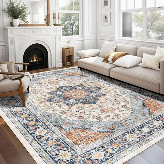 vivorug 6x9 Area Rugs, Ultra-Soft Washable Boho Rug for Living Room Dinner Room Bedroom, Non-Slip Vintage Floral Indoor Carpet Large Area Rug Orange/Navy