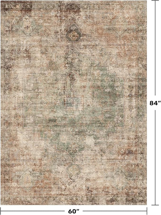 Brown and Green Rug for Entryway Indoor - Washable 5x7 Modern Abstract Area Rug for Foyer, Living Room, Home Office, Low Pile & Stain Resistence