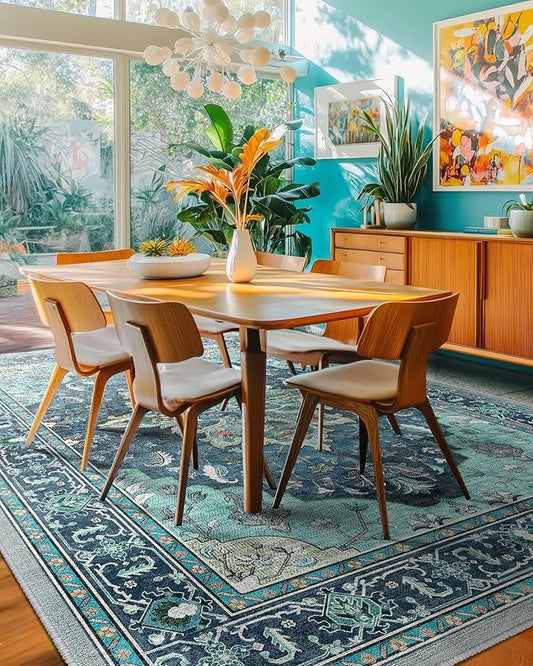 Area Rugs 5'x8' Washable Non-Slip, Floral Vintage Distress Print Pattern Medallion Carpet for Living Room Bedroom Dining Room, Teal Green Lake Blue Turquoise