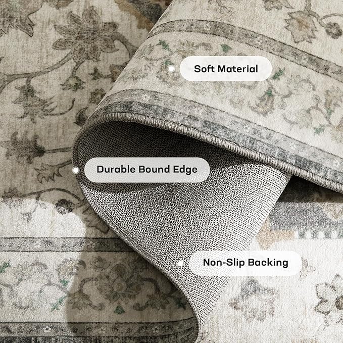 Marsail 6x9 Machine Washable Area Rug, Soft & Slip-Resistant Large Area Rug with Reinforced Bound Edges, Vintage Short-Pile Washable Rug with Floral Pattern for Living Room, Dinning Room and Bedroom