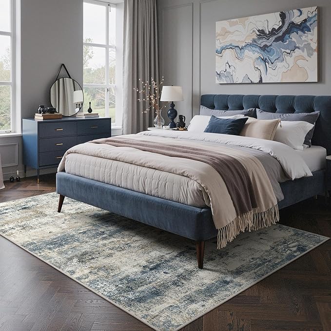 GENIMO Abstract Area Rug 5x7, Washable Modern Rug Non Slip, Low Pile Lightweight Soft Large Carpet for Living Room, Bedroom, Dining Room, Navy Blue