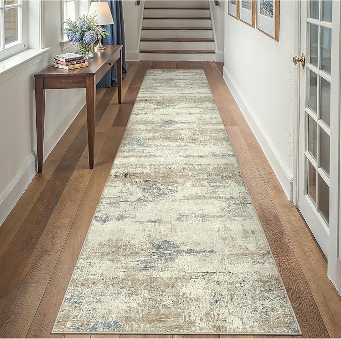 2x8 Runner Rug Washable Beige Brown Abstract Modern Neutral Hallway Carpet Non Slip Soft Low Pile Indoor Kitchen Carpet Contemporary Aesthetic Long Rug Bathroom Bedroom Laundry