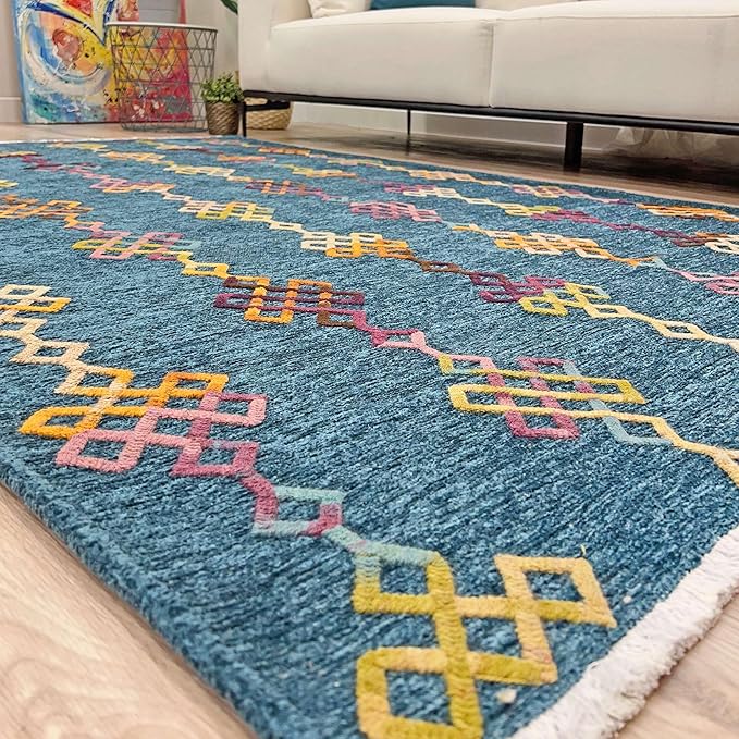 Alfa Rich 4x6 Moroccan Blue Washable Area Rugs for Living Room Bedroom Kitchen Decor Cotton Rug