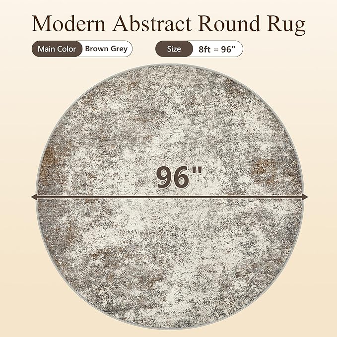 8ft Washable Round Rug - 8x8 Area Rugs Modern Abstract Rugs for Living Room Non-Slip Low Pile Soft Machine Washable Carpet for Bedroom, Living Room, Dining Room, Nursery, Farmhouse (8'x8' Brown Grey)