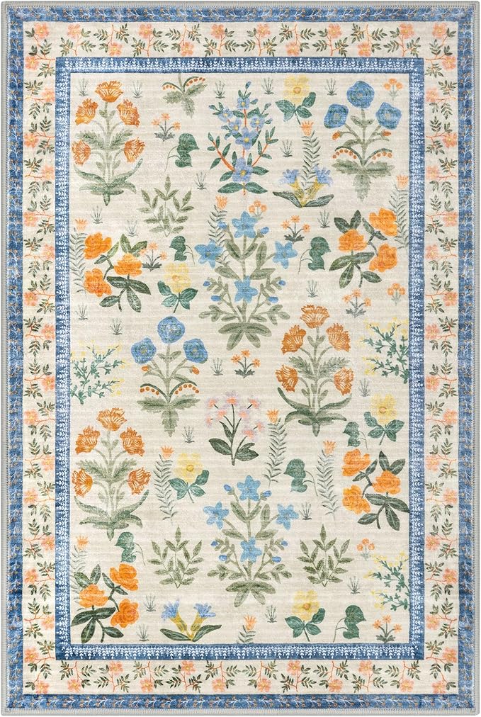 Boho Entryway Rug 2x3 Washable, Garden Yellow-Green Floral Kitchen Rug, Super Thin Faux Wool Small Area Rug, Non-Slip Soft Carpet for Foyer, Bedroom, Office