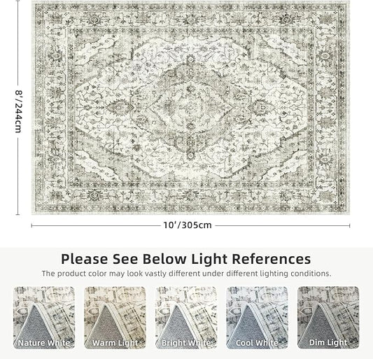 Deerly Washable Rugs 8x10 Area Rug Large Rugs for Living Room - Boho Large Vintage Non-Slip Distressed Carpet Aesthetic Print Floor Rug Cream