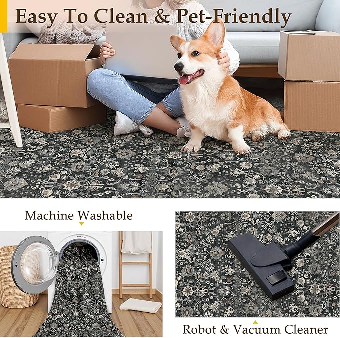 HUGEAR 2x6 Runner Rug Machine Washable Black Beige Hallway Area Rugs Indoor Accent Rugs Floral Low Pile Carpet Distressed Throw Rugs Bedroom Living Room Office Dining Kitchen Laundry Non Slip