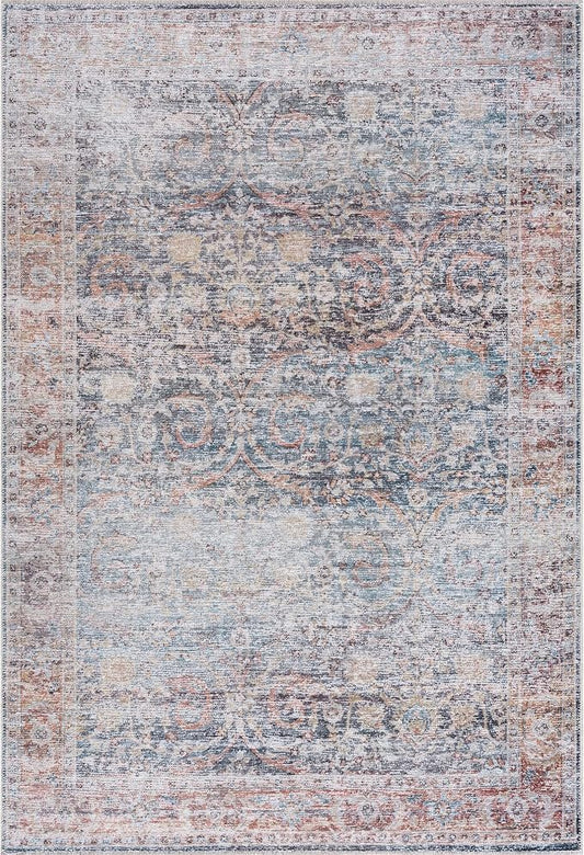 Bloom Rugs Caria Washable Non-Slip 3x5 Rug - Ocean Blue/Brick Traditional Area Rug for Living Room, Bedroom, Dining Room, and Kitchen - Exact Size: 3' x 5'