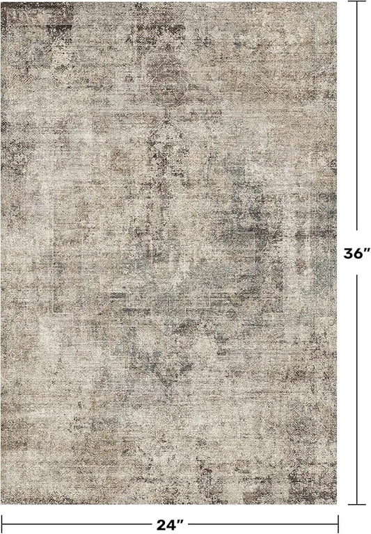 Farmhouse Taupe Brown 2x3 Indoor Entryway Rug - Washable Small Throw Rugs for Kitchen, Bathroom, Modern Medaliion Abstract Design, Non Slip Low Pile Soft Carpet