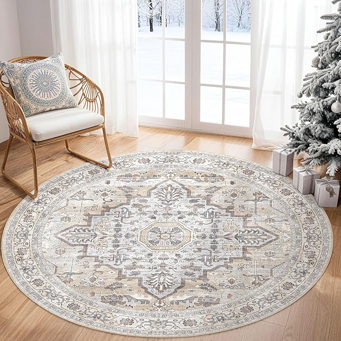 Round Rug Living Room Rugs: 5Ft Washable Boho Neutral Large Circle Soft Indoor Distressed Stain Resistant Floor Farmhouse Carpet for Bedroom Nursery Kids Playroom Office Dining Room Dorm- Cream Gray