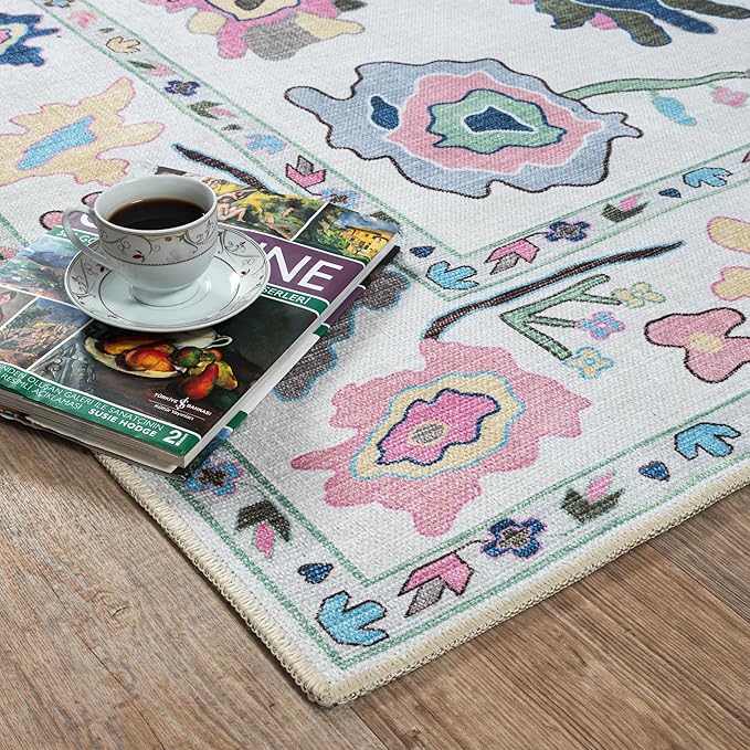 Fame Living Colorful Oushak Rug, Modern Small Rugs, Vintage, Turkish, Eclectic, Floral, Pastel, Washable, Door Mat, Doormat for Indoor Entrance, Entryway, Kitchen, Bathroom, Bedroom, Laundry, 2'x3'