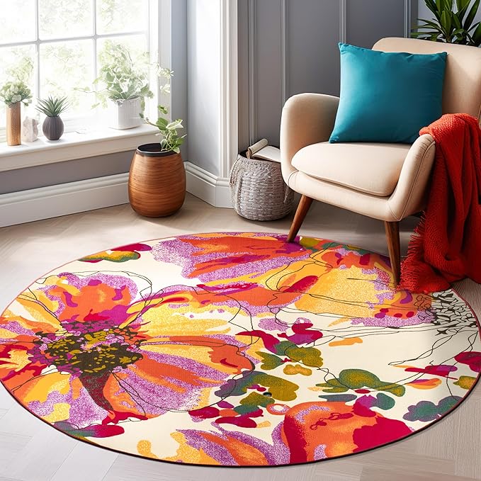 Rugshop Multi Bright Flowers Non Slip Non-Shedding Round Area Rug for Living Room, Dining Room and Bedroom, 8'