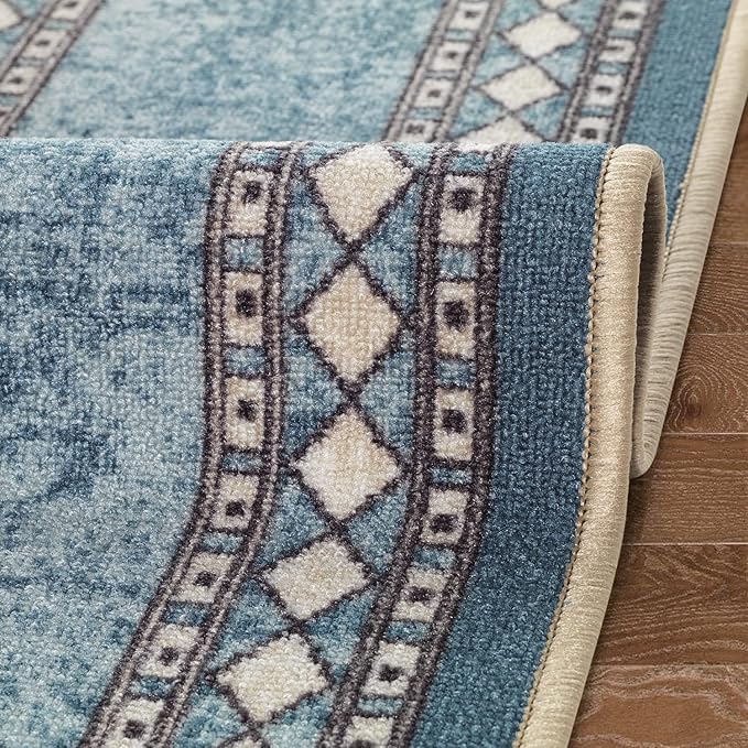 Antep Rugs Alfombras Modern Bordered 2pc Non-Skid (Non-Slip) Low Profile Pile Rubber Backing Indoor Kitchen Runner Rugs (Blue, 2pc Set)