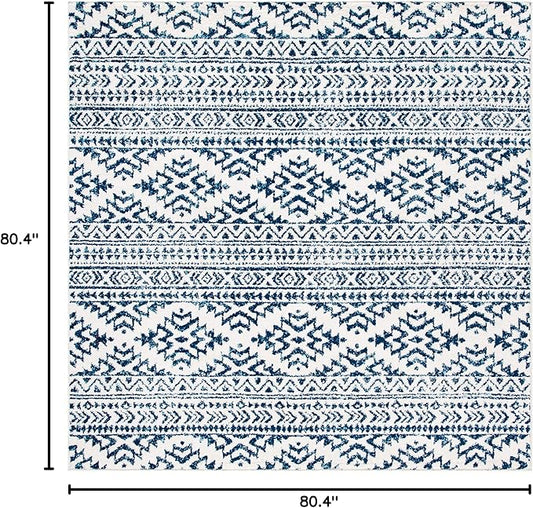 SAFAVIEH Tulum Collection Area Rug - 6'7" Square, Ivory & Navy, Moroccan Boho Tribal Design, Non-Shedding & Easy to Clean, Ideal for Living Room, Bedroom, Dining Space (TUL272D)