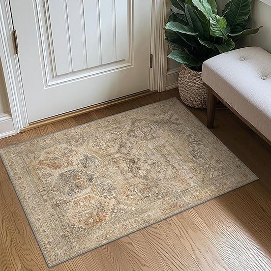 Bavni 2x3 Entryway Rug Bathroom Rugs for Front Door Bedroom Bathroom Kitchen, Washable Vintage Print Carpet, Ultra-Thin Chenille Lightweight Rug with Non Slip Backing, Wood