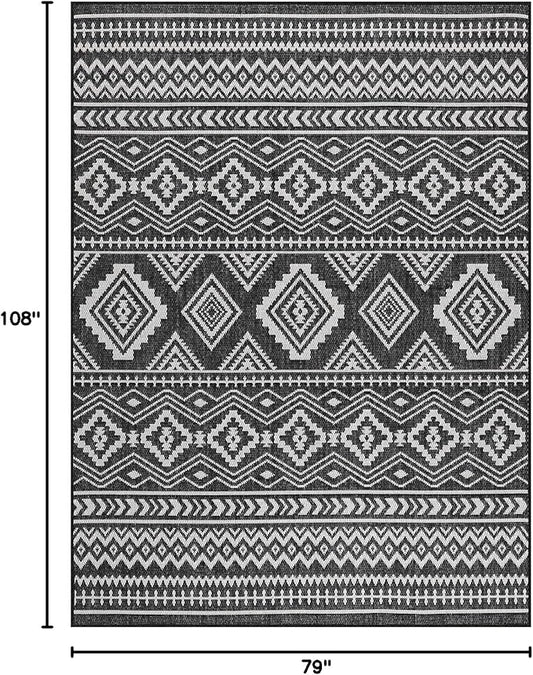 Beverly Rug Waikiki Boho Indoor Outdoor Rug 6x9, Washable Outside Carpet for Patio, Deck, Porch, Bohemian Area Rug, Farmhouse Rugs, Aztec Tribal Rug, Black and White