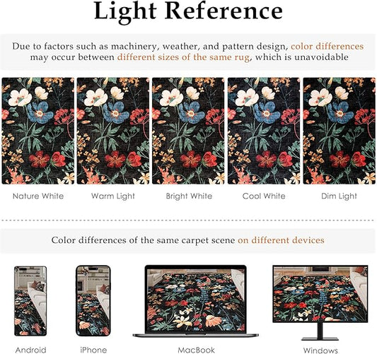 Floral Runner Rug 3x10 Washable Hallway Long Black Bedroom Carpet Non Slip Indoor Boho Kitchen Low Pile Accent Rug Lightweight Soft for Bathroom Dining Laundry Living Room