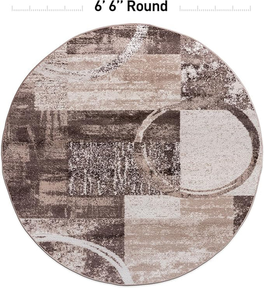 Rugshop Contemporary Abstract Circle Design Round Rug, Fade-Resistant Carpet for Living Room, Office, or Entryway, Brown, 6'6" Round