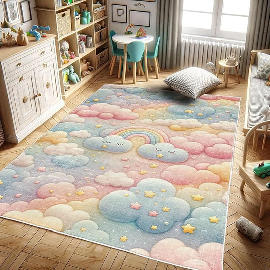 Ambesonne Cartoon Sky Decorative Rug, Dreamy Colors Celestial Atmosphere with Starry Kawaii Clouds Rainbow, Quality Carpet for Bedroom Dorm and Living Room, 2' 2" x 3' 7", Blush Mustard Blue