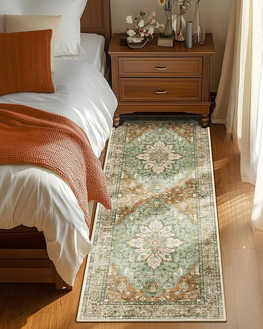 Area Rugs 2'x6' Washable Non-Slip, Floral Vintage Distress Print Pattern Medallion Carpet for Living Room Bedroom Dining Room, Brick Red Rust Neutral Brown Burnt Orange Green