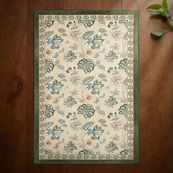 jinchan Elora 2x3 Floral Rug for Entryway Washable Kitchen Rug Vintage Romance Design Small Mat Non Slip Indoor Doormat Lightweight Low-Profile Throw Carpet for Entrance Laundry Room, Green/Beige