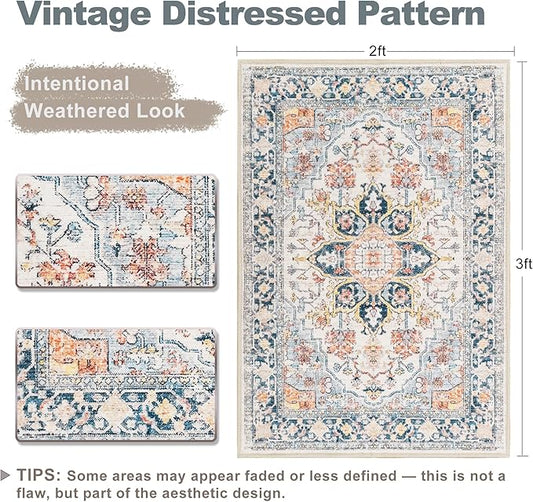 XWZO Entryway Area Rug 2x3ft — Soft Vintage Low Pile Non-Slip Door Floor Mat for Bedroom Bathroom Kitchen Laundry, Spill Resistant Washable Small Indoor Carpet for Doorway Entrance, Colorful