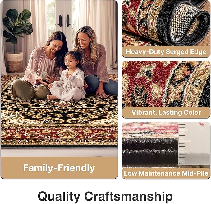 Well Woven Barclay Collection Medallion Kashan Black 8x10 Area Rug - for Living Room, Bedroom, and Dining Room