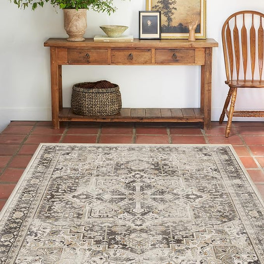RUGGABLE Washable Vintage Area Rug – Kamran Hazel 5x7, Stain-Resistant, Non-Slip – Medium Machine Washable Rugs for Living Room, Bedroom, Hallway, Entryway & Office–with Standard Pad