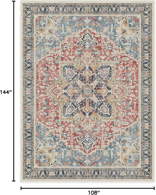 RUGGABLE Washable Vintage Area Rug – Kamran Cayenne Red 9x12, Stain-Resistant, Non-Slip – Large Machine Washable Rugs for Living Room, Bedroom, Hallway, Entryway & Office–with Standard Pad