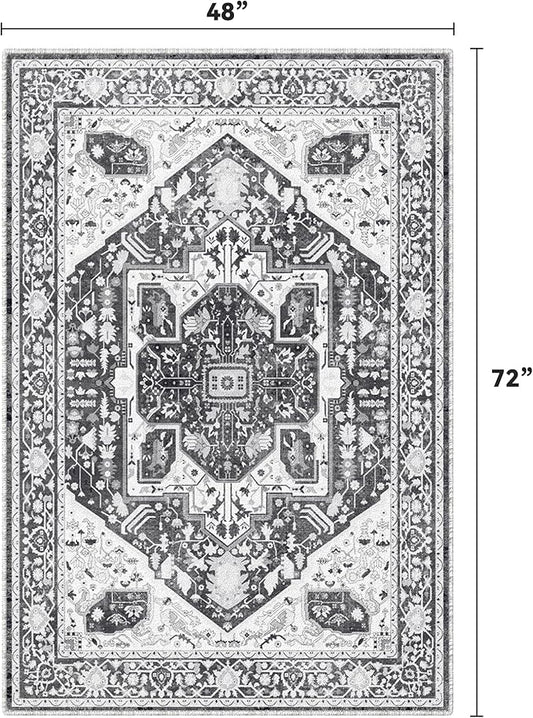 EnHomee 4x6 Washable Area Rugs for Bedroom, Boho Vintage Rugs, Foldable Area Rug for Dining Room, Non-Slip Soft Living Room Rug, Low Pile Large Carpet for Bathroom, Grey