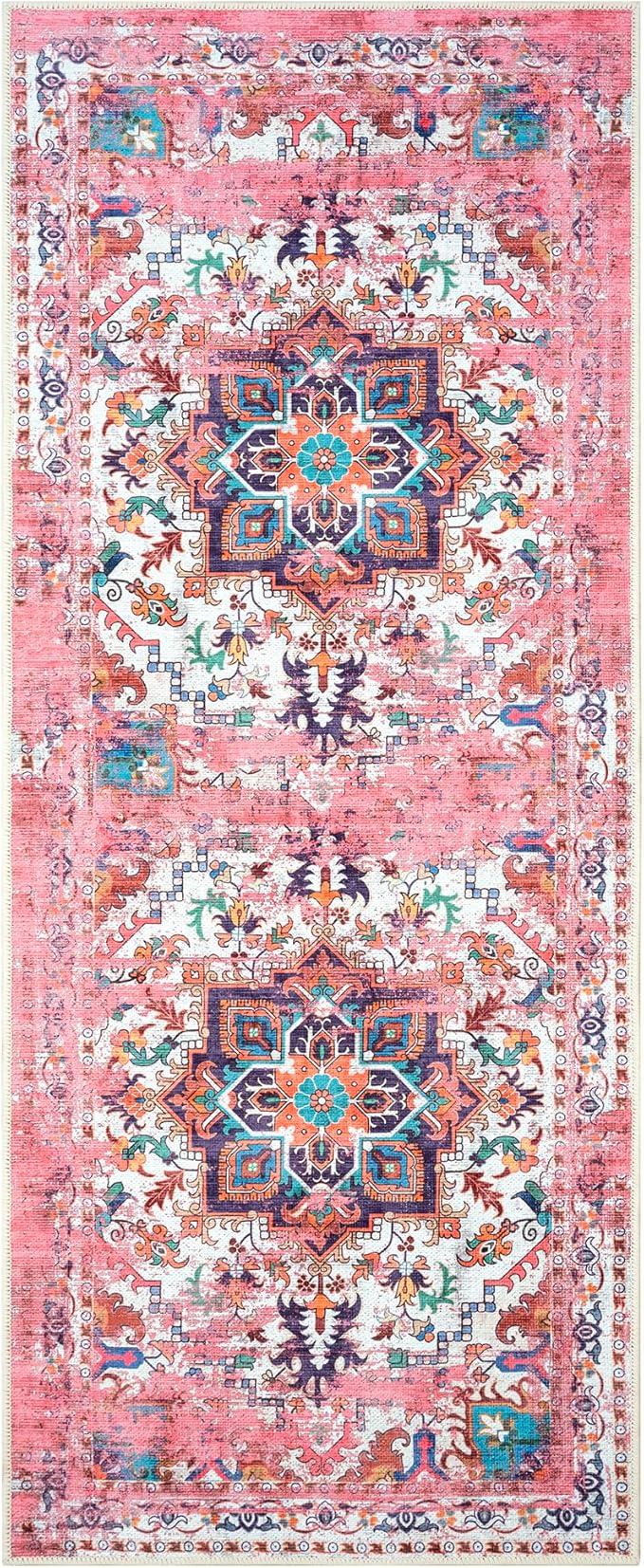 GLN Rugs Traditional Collection - Machine Washable Area Rug, Traditional Washable, Non Slip, Low Pile Chenille Rug, Living Room, Bedroom, Kitchen Rug (2'6" x 10' Pink/Multicolor)