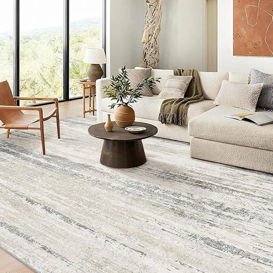 MUJOO 9x12 Area Rug,Washable Rugs for Living Room Bedroom Dining Room,Modern Abstract Large Non Slip Throw Carpet Indoor,Low Pile Accent Neutral Beige and Grey