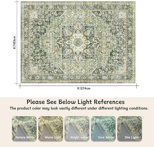 6×9 Machine Washable Rug for Living Room, Boho Vintage 6×9 Area Rug,Distressed Accent Low Pile Ultra Soft Large Carpet for Bedroom Bathroom Dining Room, Floral/Green