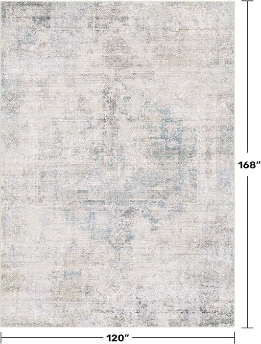 Modern Farmhouse Area Rug for Living Room - 10x14 Blue Gray Big Rug for Dining Room Table, Lightweight Foldable Low Pile Washable