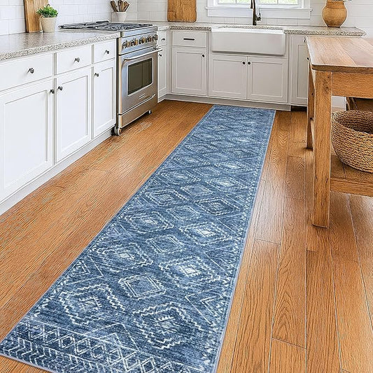 KILOCOCO Hallway Runner Rug 2x10 Runners for Hallways Washable Runner Rug Non Slip Rubber Backed Low-Pile Runners for Bedroom Kitchen Living Room Laundry Room Boho Rugs, Stonewashed Blue